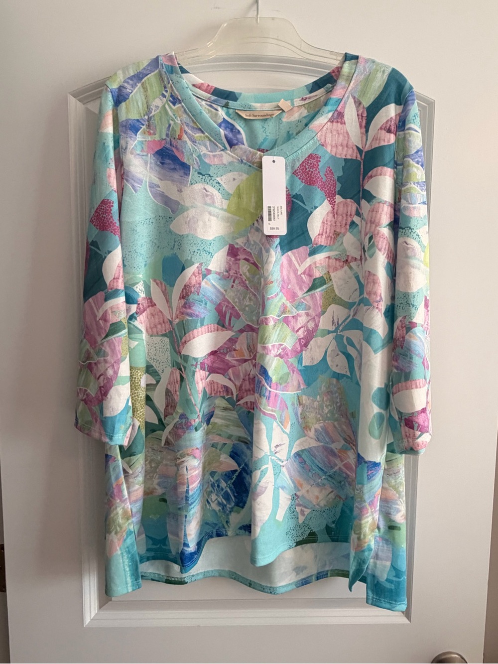 Soft Surroundings Aqua Multi Floral V-Neck Long Sleeve Top